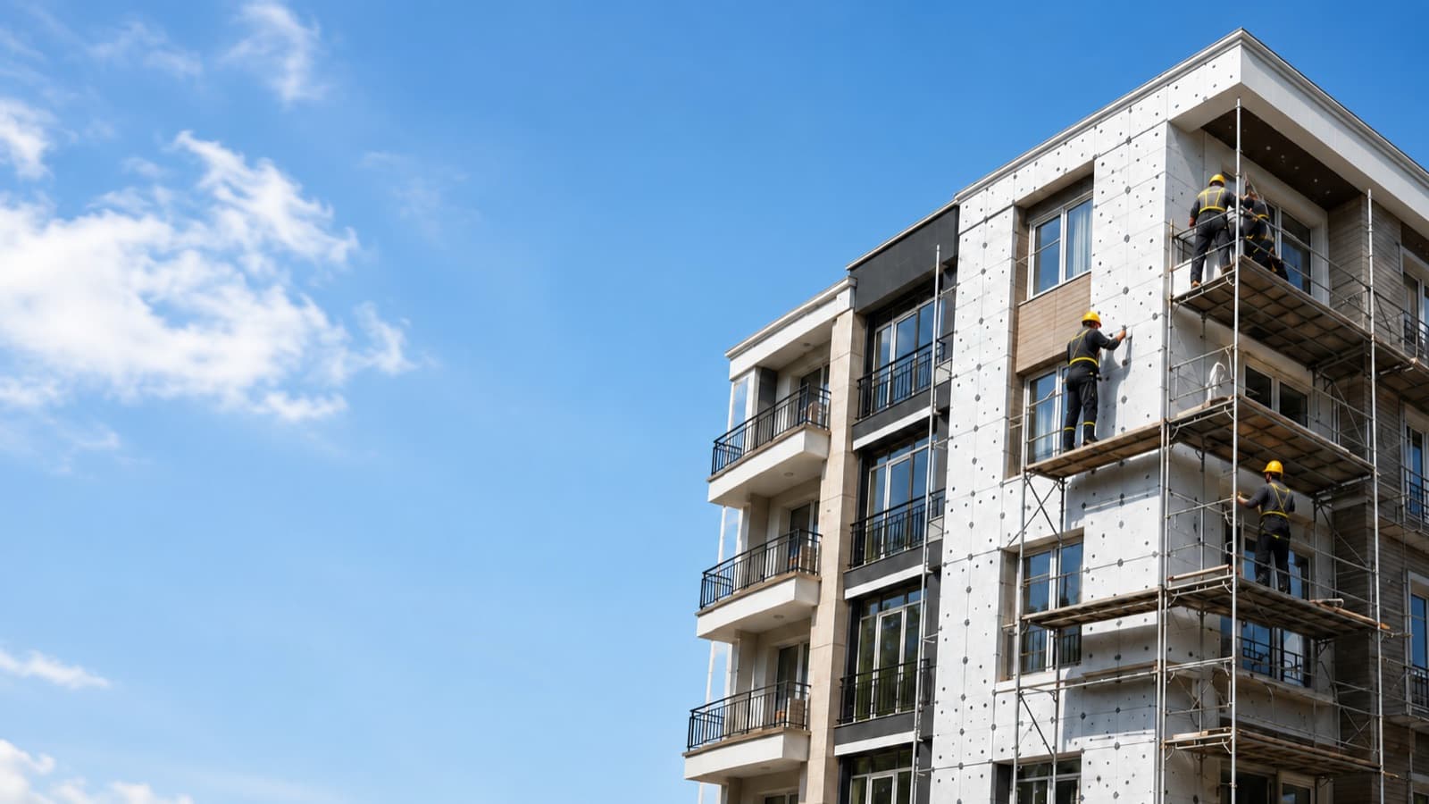 İskelede EPS levha uygulayan baretli ustalar — apartman mantolaması devam ediyor